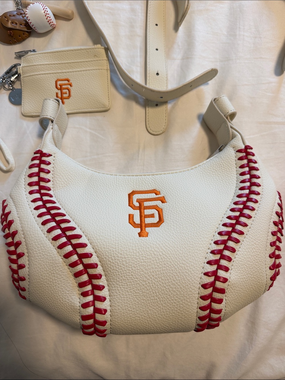 San Francisco Baseball Stitch Hobo Bag in Cream with Red Stitching - Picture 3 of 11